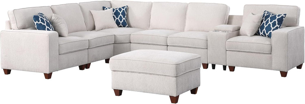 YOPTO 127' L-Shaped Sectional Couch with Movable Ottoman & 6 Throw Pillows,7 Seat Chenille Upholstered Sofa W/2 Cup Holder,USB Port & Hidden Storage Box,DIY Combination,for Living Room,Apartment,Beige