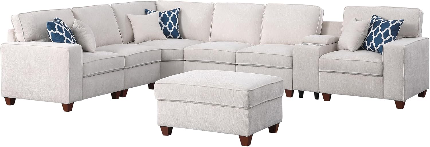 YOPTO 127' L-Shaped Sectional Couch with Movable Ottoman & 6 Throw Pillows,7 Seat Chenille Upholstered Sofa W/2 Cup Holder,USB Port & Hidden Storage Box,DIY Combination,for Living Room,Apartment,Beige
