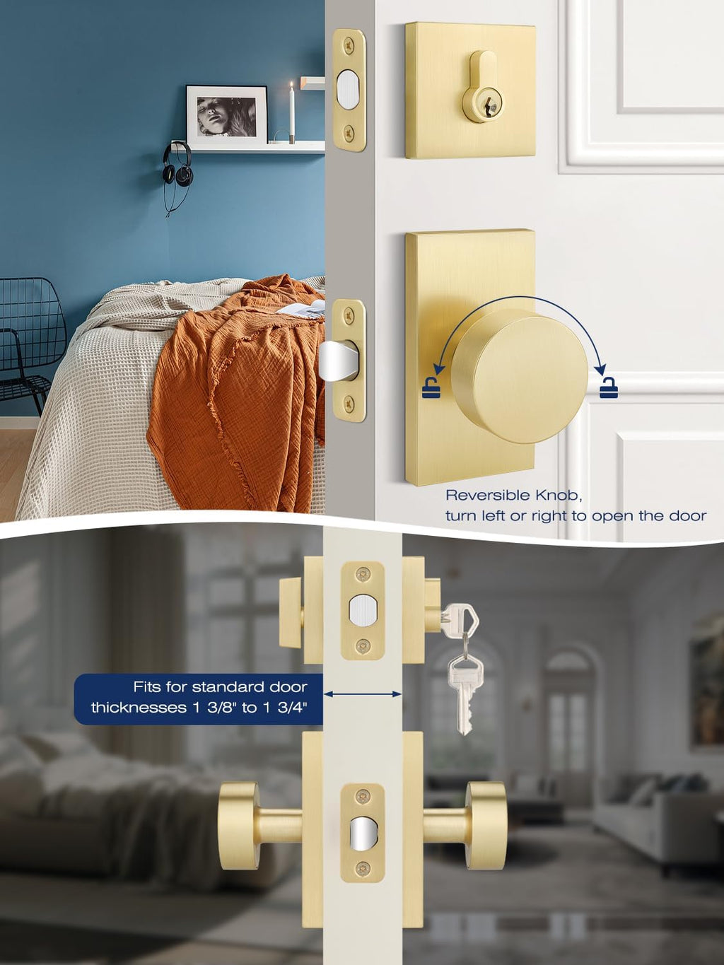 Entry Door Locksets with Deadbolt, 3 Pack Door Knobs Interior, Gold Door Handle with Single Deadbolt, Keyed Entry Door Knob, Universal for Left/Right Handled Doors, Satin Brass Door Lever Set