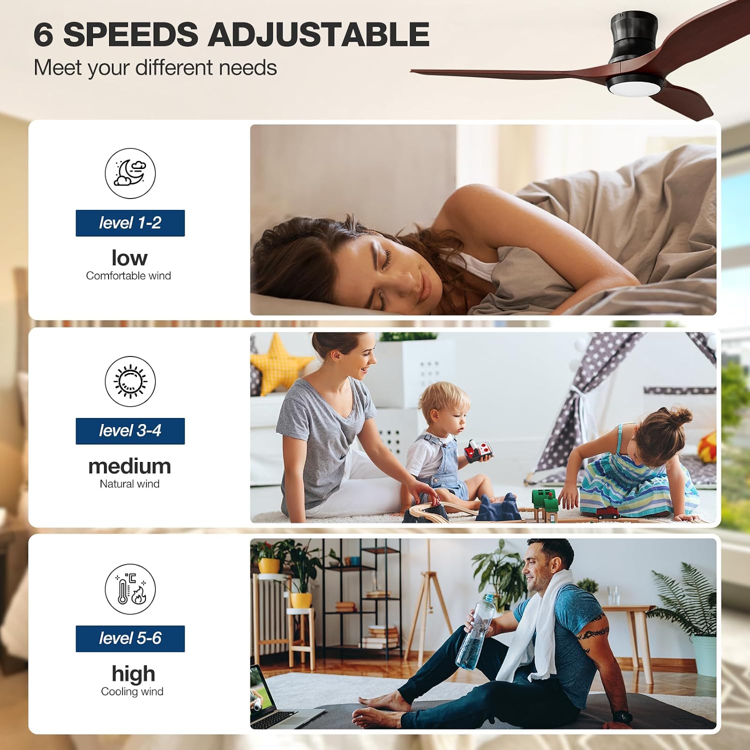 Smart 52' Wood Flush Mount Ceiling Fan for Bedroom, Red Walnut | Quiet DC Motor, WiFi Alexa Voice Control, High CFM Dimmable LED, Low Profile, Reversible, 6 Speeds Adjustment, Time Setting