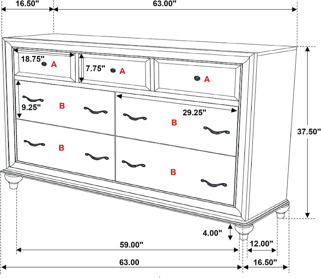 Coaster Home Furnishings - Barzini - Wood - 7-Drawer Dresser with Acrylic Panel, Crystal Hardware, Curved Handles, Turned Legs, Modern Classic Style - Bedroom - White - 205893