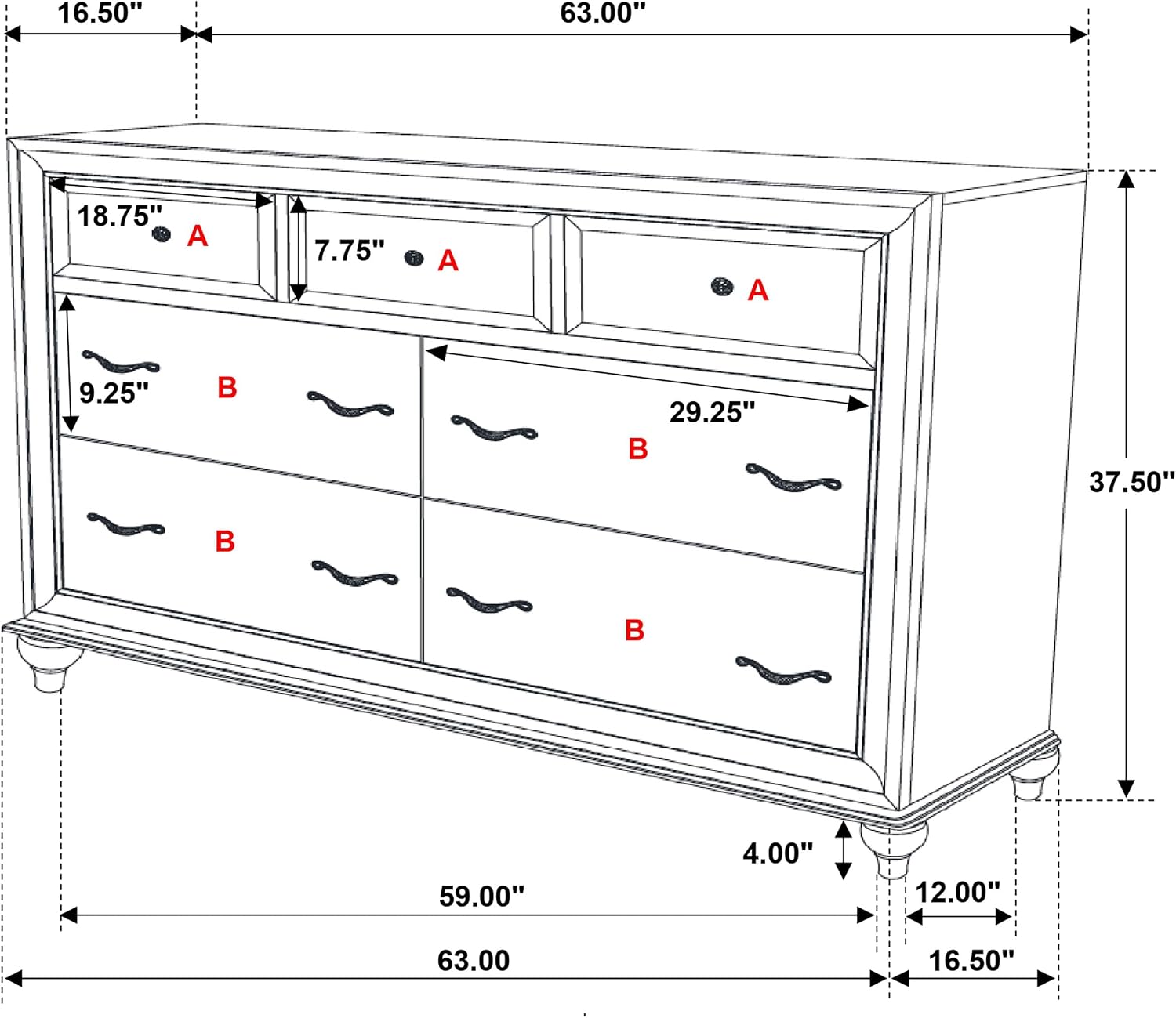 Coaster Home Furnishings - Barzini - Wood - 7-Drawer Dresser with Acrylic Panel, Crystal Hardware, Curved Handles, Turned Legs, Modern Classic Style - Bedroom - White - 205893