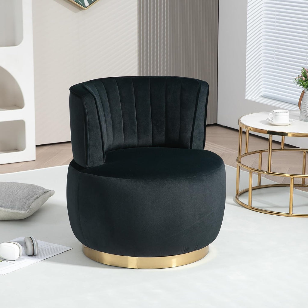 KEIKI Swivel Barrel Accent Chair, 360 Degree Rotating Upholstered Armchair with Velvet Fabric for Living Room, Office, Bedroom, Black