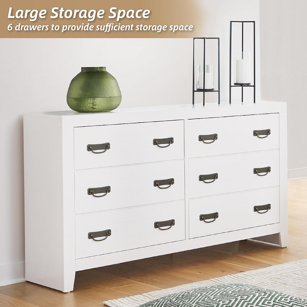 Signature Design by Ashley Binterglen Casual Coastal Six-Drawer Dresser with Dovetail Construction for Bedroom, White Finish, 57.13' W x 16.38' D x 35.5' H