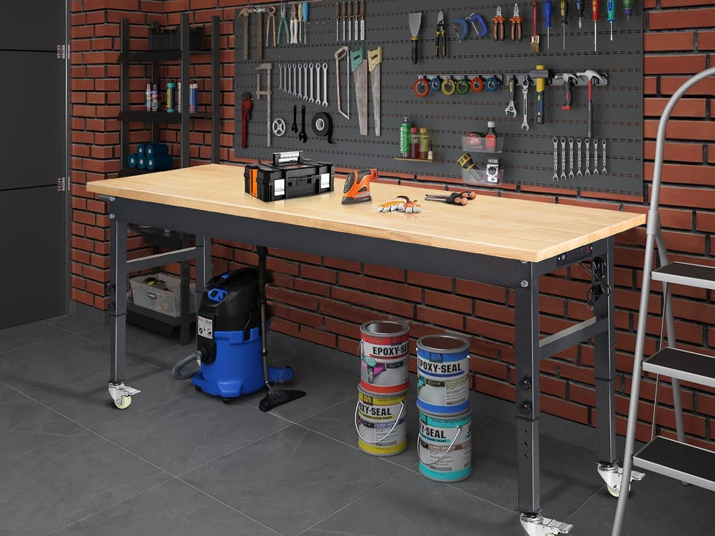 60' Adjustable Work Bench, Rubber Wood Top Workbench Heavy-Duty Work Table with Power Outlet and Wheels, 2000 LBS Load Capacity Hardwood Work Benches for Garage, Workshop, Home, Office, Easy Assembly