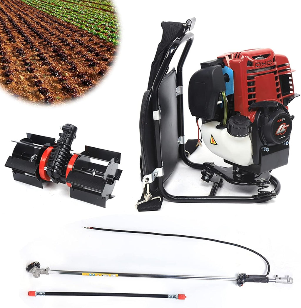 Lawn Mower, 3-in-1 4 Stroke Gasoline Backpack Tiller Grass Weeding Trimmer, 1.4HP Air-Cooled Engine Brush Cutter Hedge Cultivator,Portable Multi-Purpose Graden Lawn Mower for Farmland Clearing