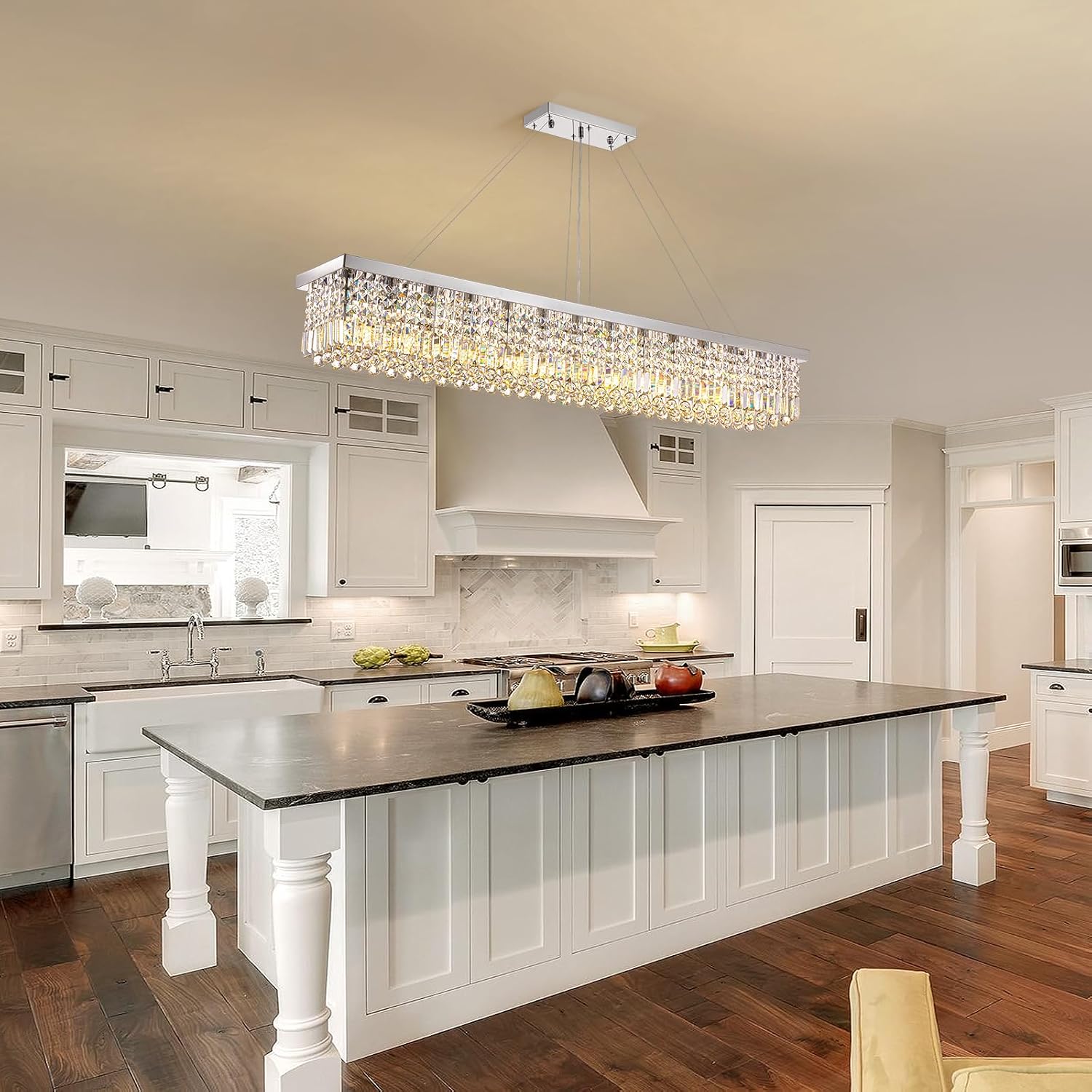 7PM Rectangle K9 Crystal Chandelier Modern Rectangular Pendant Light Fixture for Dining Room Kitchen Island Chrome L59'' x W10'' x H9''