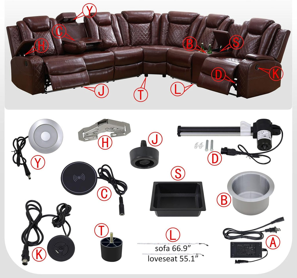 Reclining Sectional, Power Sectional Couch, Leather Sofa Set for Living Room, Comfy Home Theater Seating with USB 2.0 Charging Ports, LED Light Strips, Fold-Down Table & Cupholders (Red, 3-Piece)