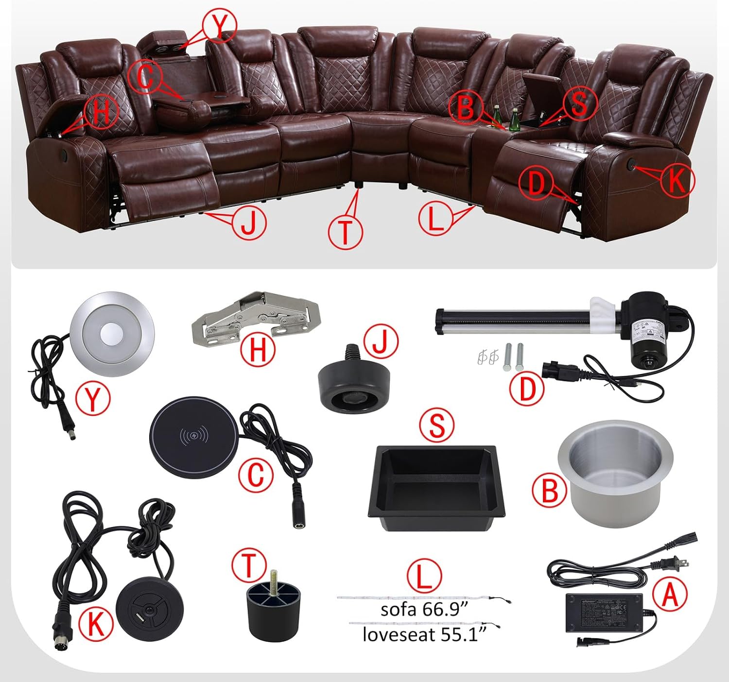 Reclining Sectional, Power Sectional Couch, Leather Sofa Set for Living Room, Comfy Home Theater Seating with USB 2.0 Charging Ports, LED Light Strips, Fold-Down Table & Cupholders (Red, 3-Piece)