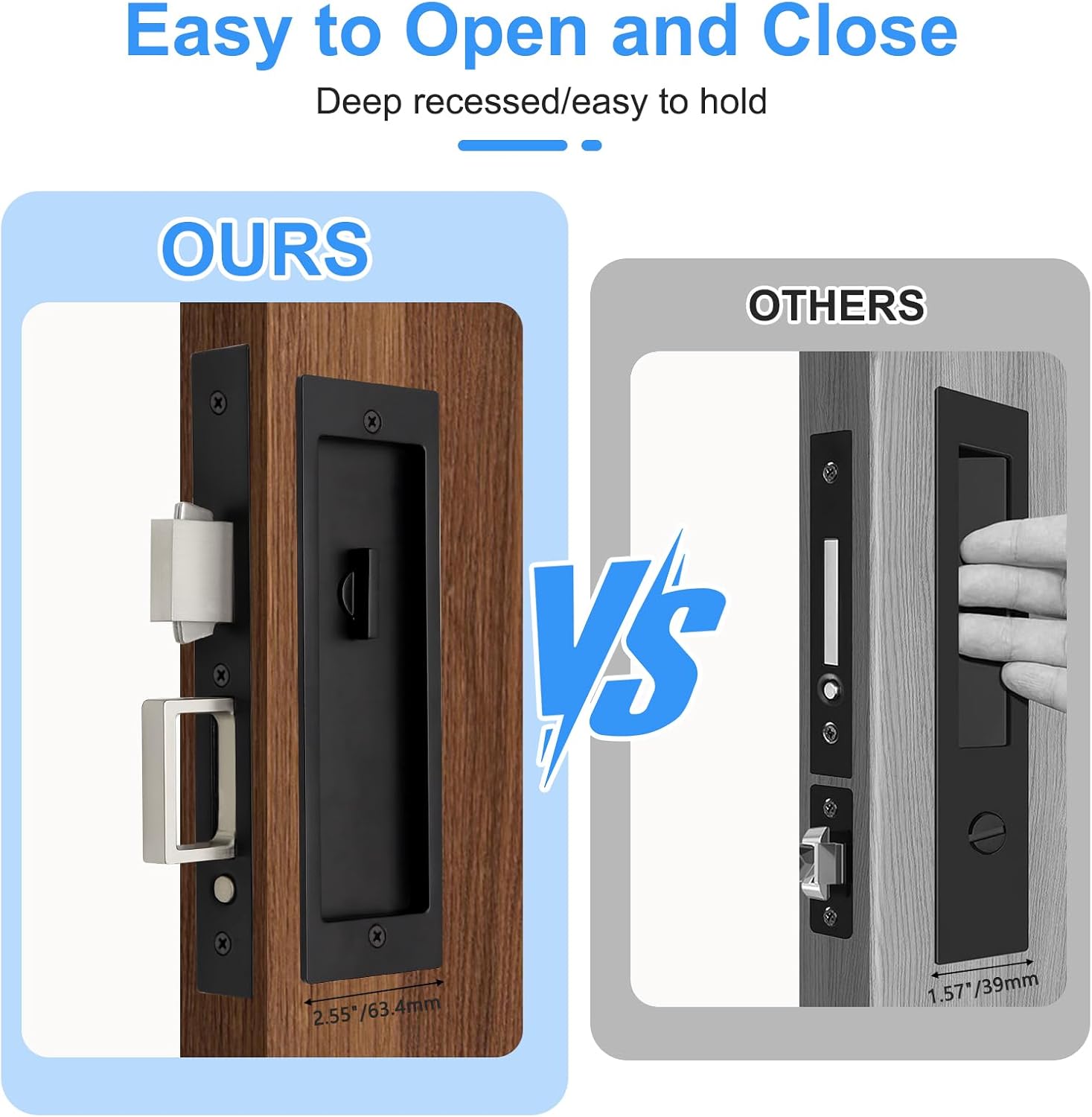 Rectangular Pocket Door Mortise Lock and Edge Pull, Narrow Modern Sliding Door Pop-Up Handle, (Bed/Bath) Pull Latch, Recessed Hardware for 1 3/8' to 2 3/16' Thickness (Privacy Lock, Matte Black)