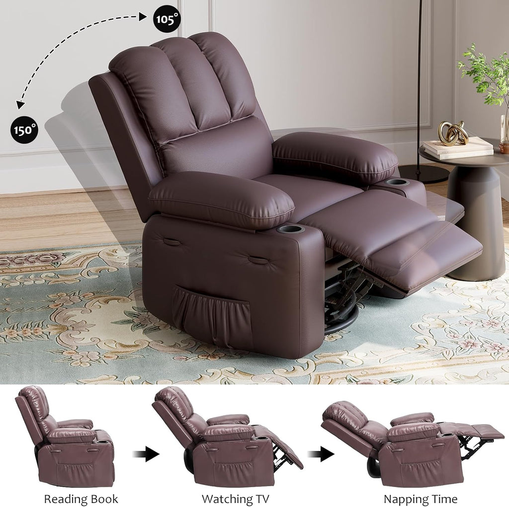 GarveeHome Leather Recliner Chair, Manual Recliner w/Comfortable Arms and Cup Holders for Living Room CF8011 - Brown, Medium
