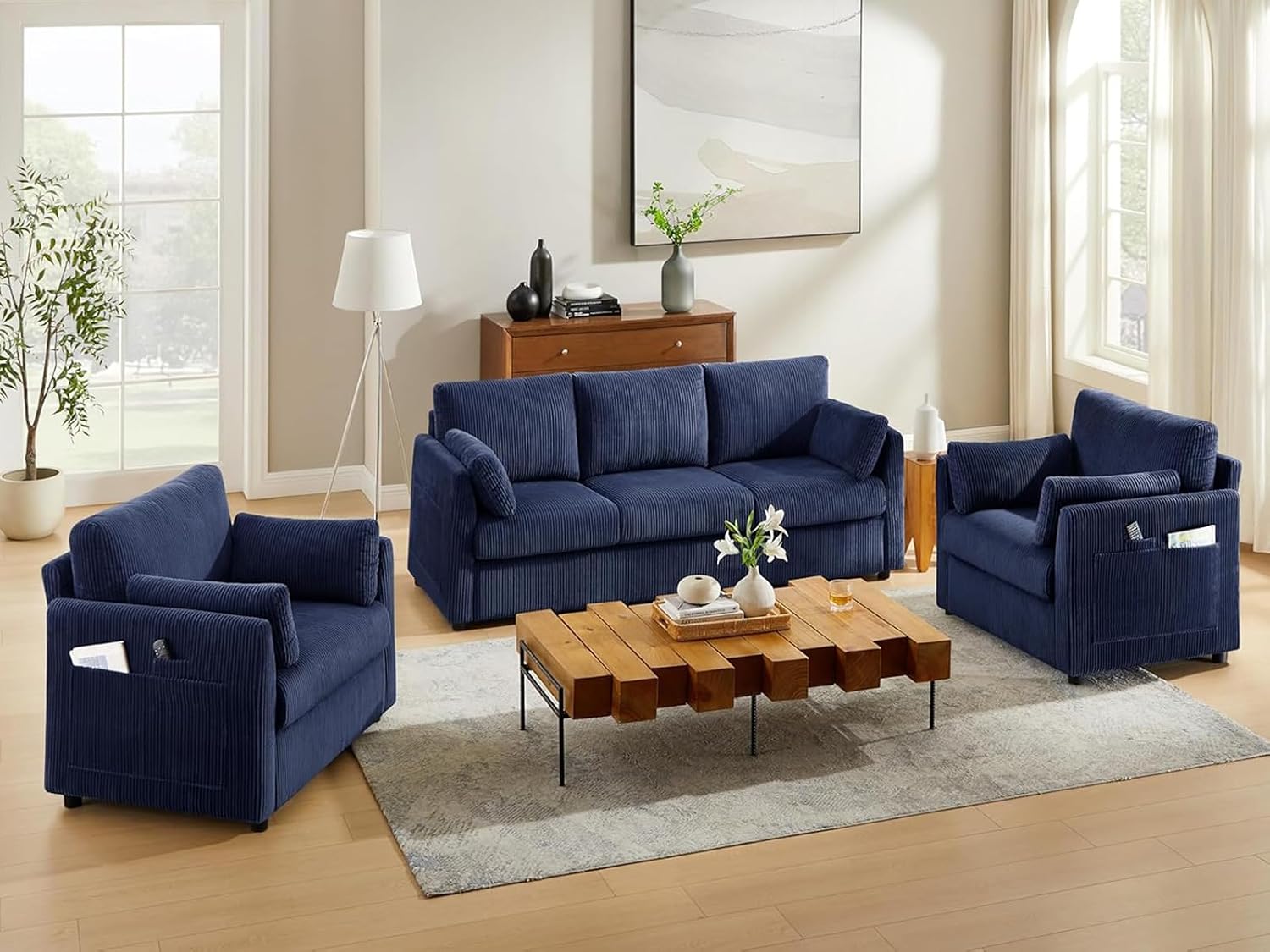 3 Pieces Corduroy Living Room Sofa Sets, Navy Blue Couch with Set of 2 Reading Armchairs, Comfy Pillows and Storage Pockets, Modern Living Room Furniture Sets for Apartment, Small Spaces