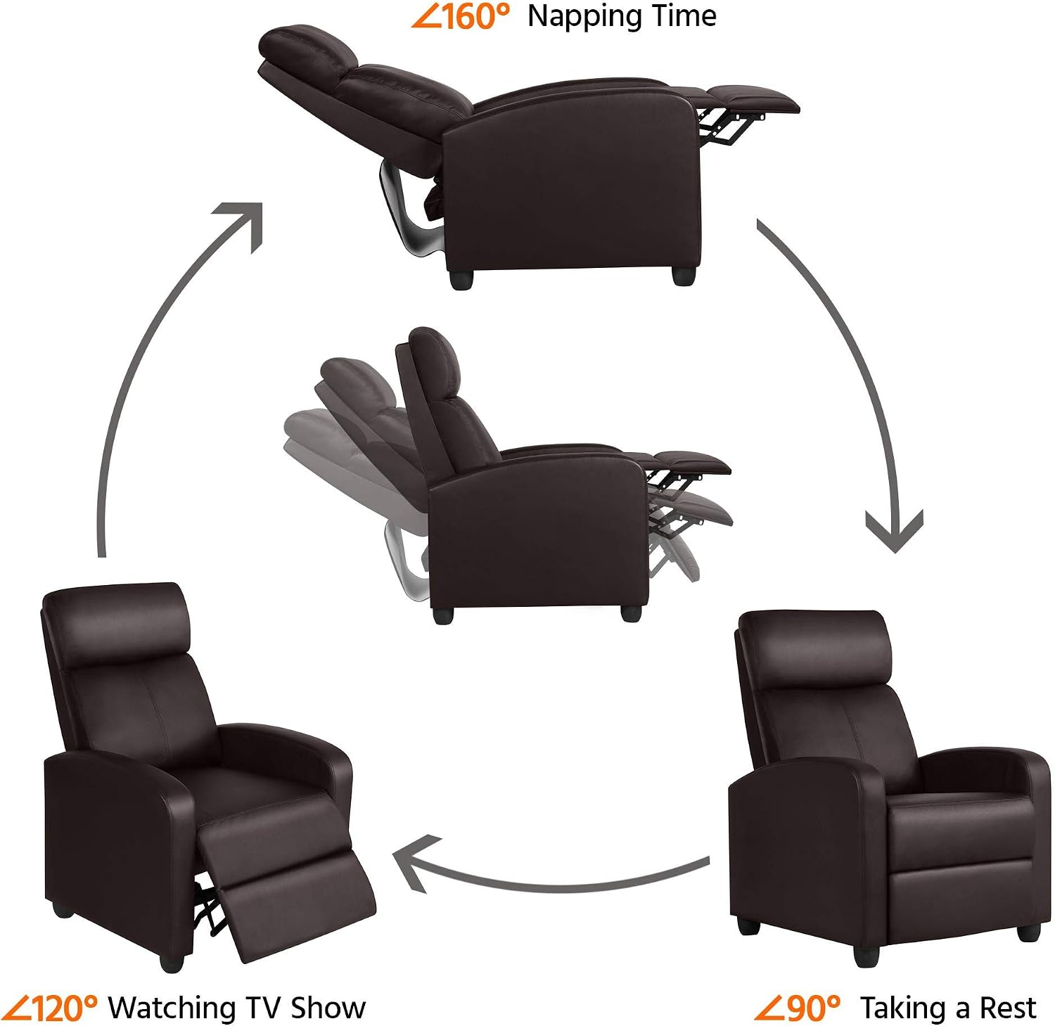 Topeakmart PU Leather Recliner Chair Living Room Single Sofa Home Theater Seating with Lumbar Support Overstuffed High-Density Sponge Manual Push Back Recliners Brown