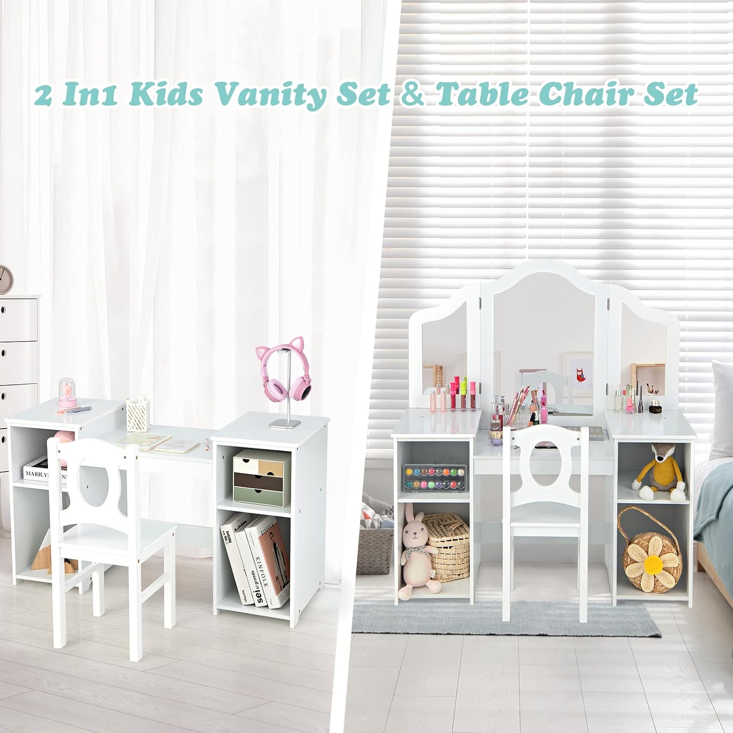 AKUSTIK Kids Vanity, 2 in 1 White Wooden Dressing Table and Chair Set for Toddlers with Tri-Folding Detachable Mirror, Storage Shelves, Pretend Princess Beauty Make Up Play Set for Little Girls