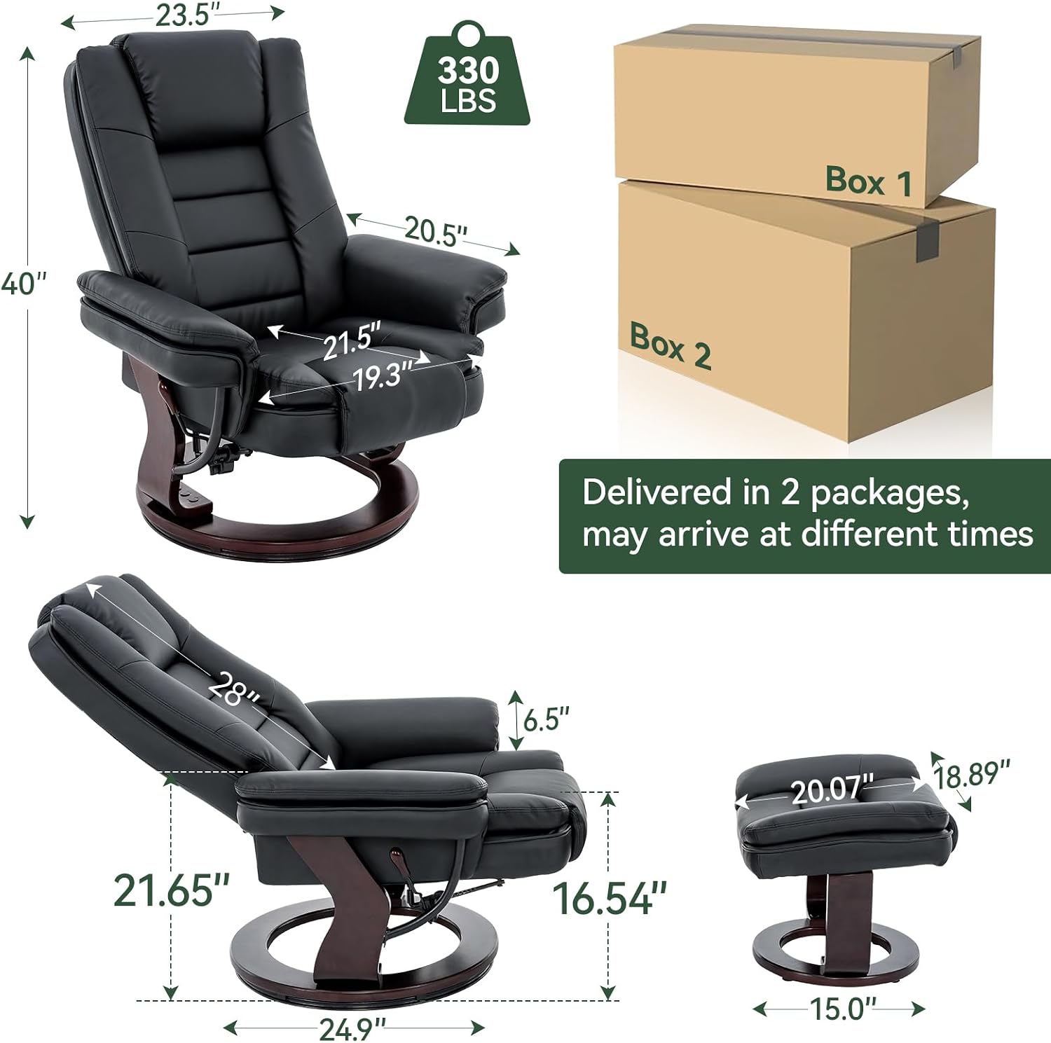 Vogue Furniture Direct Swivel Recliner Chair with Ottoman, Adjustable PU Leather Recliner with Wood Base, Thick Padded Cushion, Modern Reclining Chair & Ottoman Set for Living Room, Bedroom (Black)