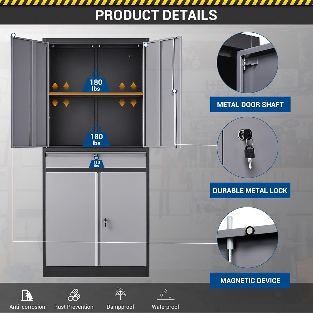Fesbos 71' Metal Cabinet-Black&Gray Heavy Duty Storage File Cabinet Steel Tool Cabinets with Shelves, Lockable Doors and Drawers- for Garage, Pantry, Warehouse - Assembly Required