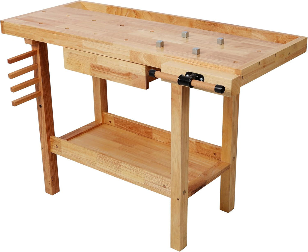 Montary 48' Wood Workbench, Heavy Duty Woodworking Bench with Adjustable Handle, 330Lbs Load Capacity Woodworking Table Work Bench with Drawer & Shelf for Garage, Workshop, Home Storage