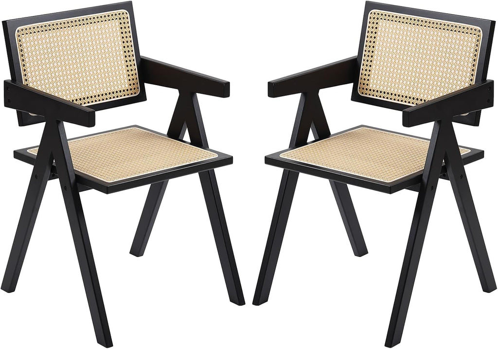 Furlide Rattan Dining Chairs Set of 2, Modern Mid Century Dining Chairs with Arms, Outdoor Bamboo Chairs for Bedroom, Living Room, Reading Room, Black