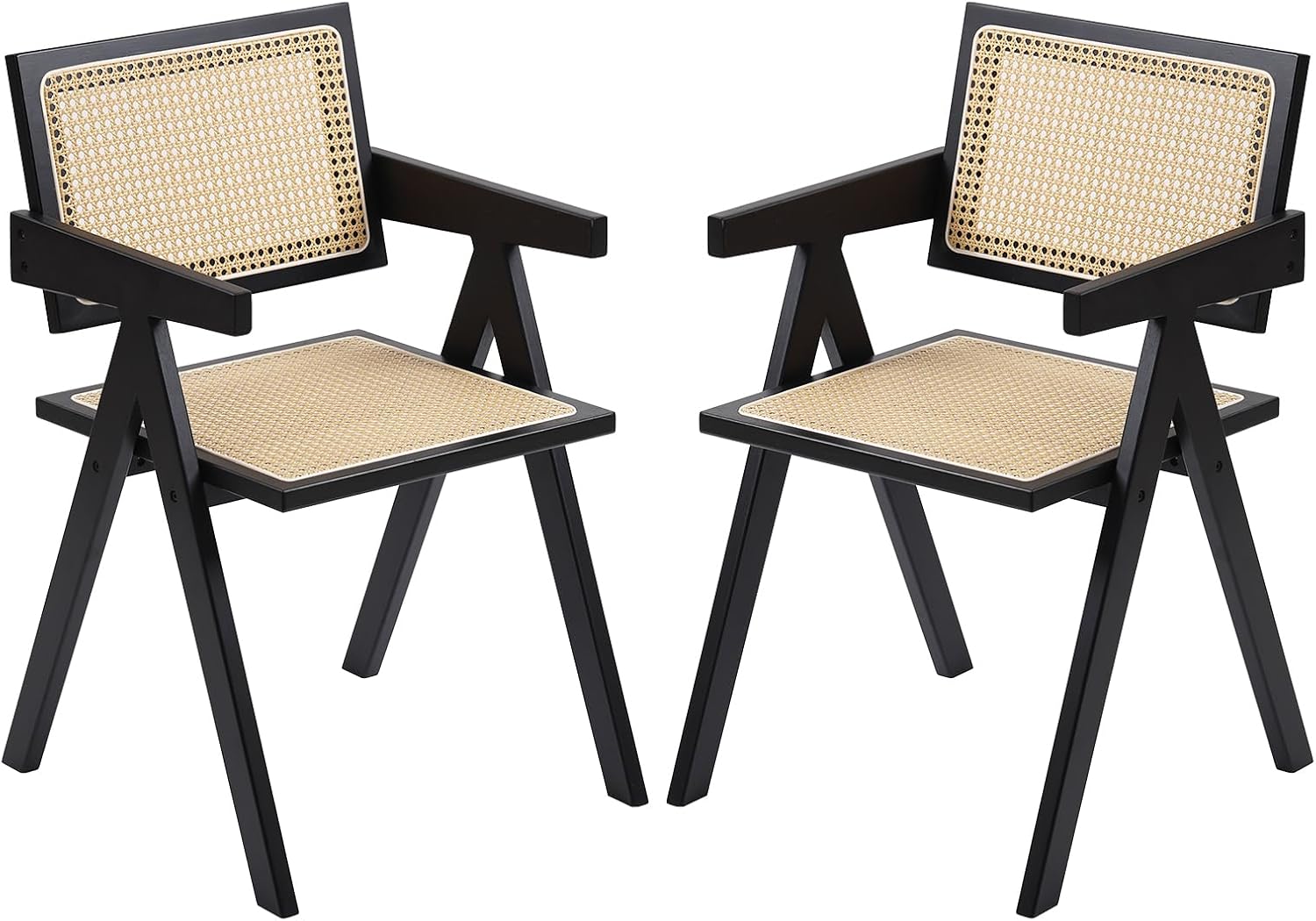 Furlide Rattan Dining Chairs Set of 2, Modern Mid Century Dining Chairs with Arms, Outdoor Bamboo Chairs for Bedroom, Living Room, Reading Room, Black