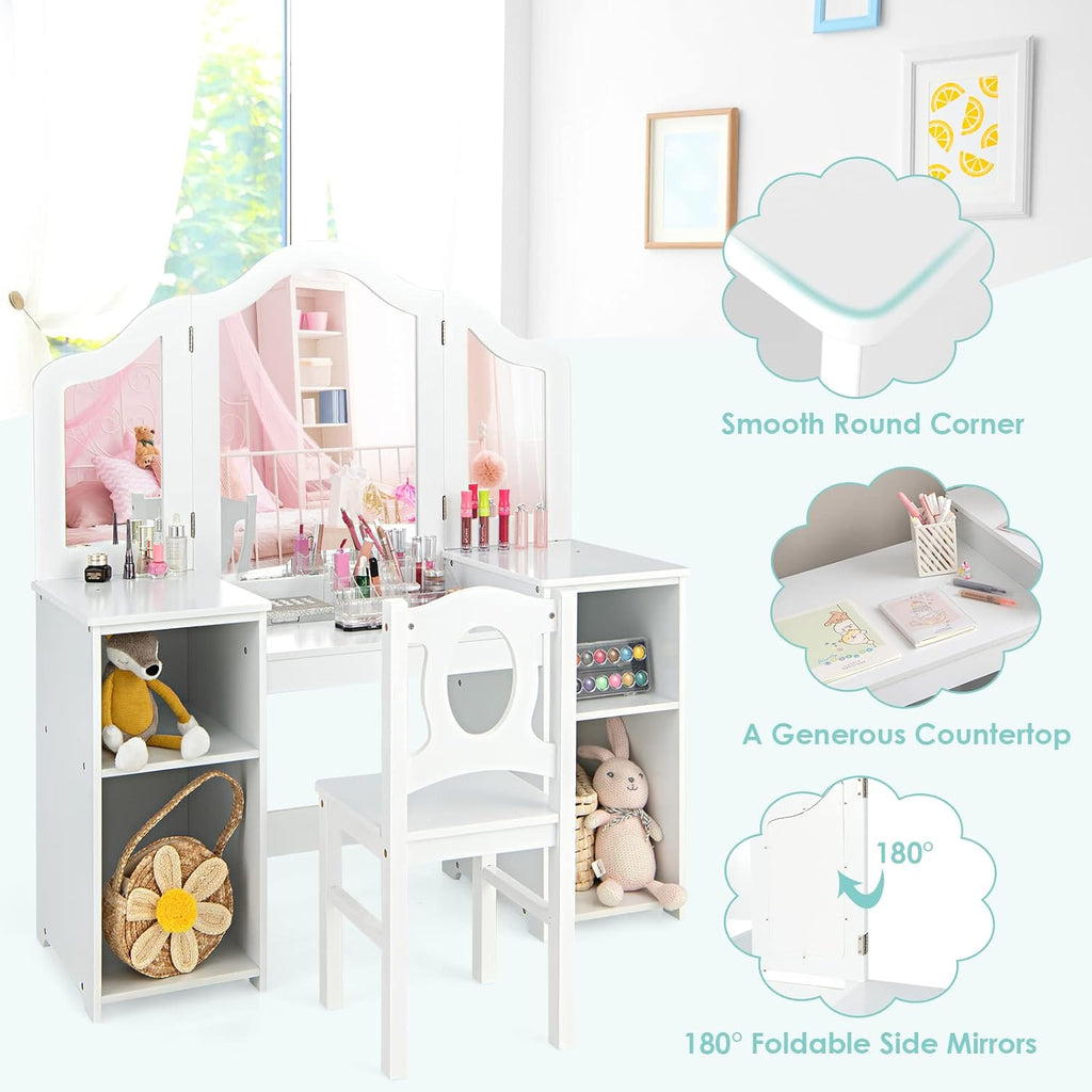 AKUSTIK Kids Vanity, 2 in 1 White Wooden Dressing Table and Chair Set for Toddlers with Tri-Folding Detachable Mirror, Storage Shelves, Pretend Princess Beauty Make Up Play Set for Little Girls