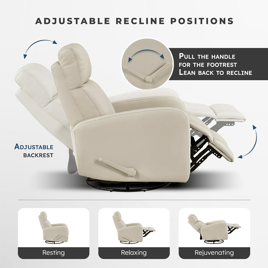 Lexicon Swivel Glider Reclining Chair, Top Grain Leather Match Manual Pull Handle Recliner, Comfy Nursery Glider Recliner, Swivel Reclining Chair for Living Room/Office/Bedroom/Apartment, Beige