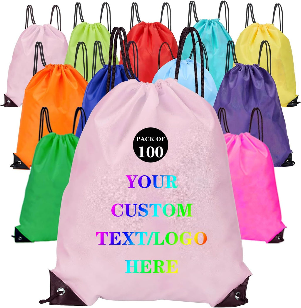 Custom Bags With Your Logo Set of 100 Custom Backpack Draw String Bags Pack Bulk for Travelling Swimming Gym Everyday Use (Pink)