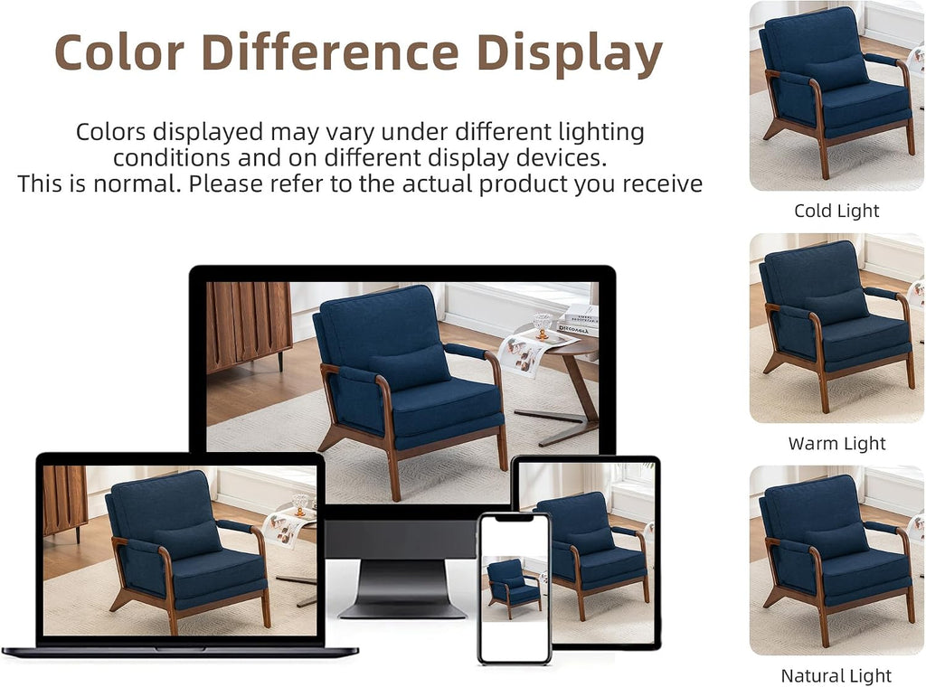 Mid Century Modern Chair Set of 2, Upholstered Lounge Arm Chair with Solid Wood Frame, Comfy Accent Chair for Living Room, Bedroom, Reading, Reception, Blue