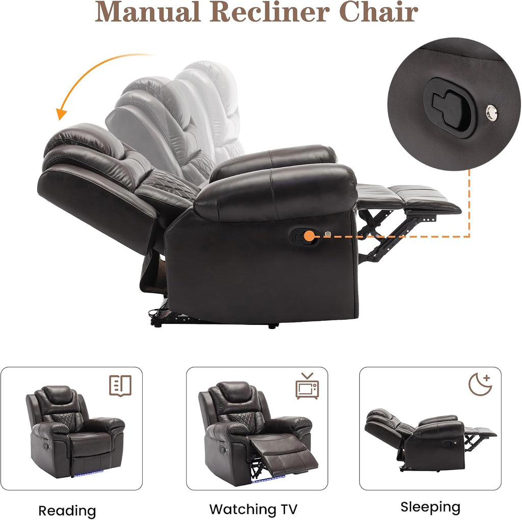 ERYE Manual Recliner Chair with LED Light Strip for Living Room, Bedroom, Manual Reclining Home Theater Seating Armchair, Faux Leather Tufted