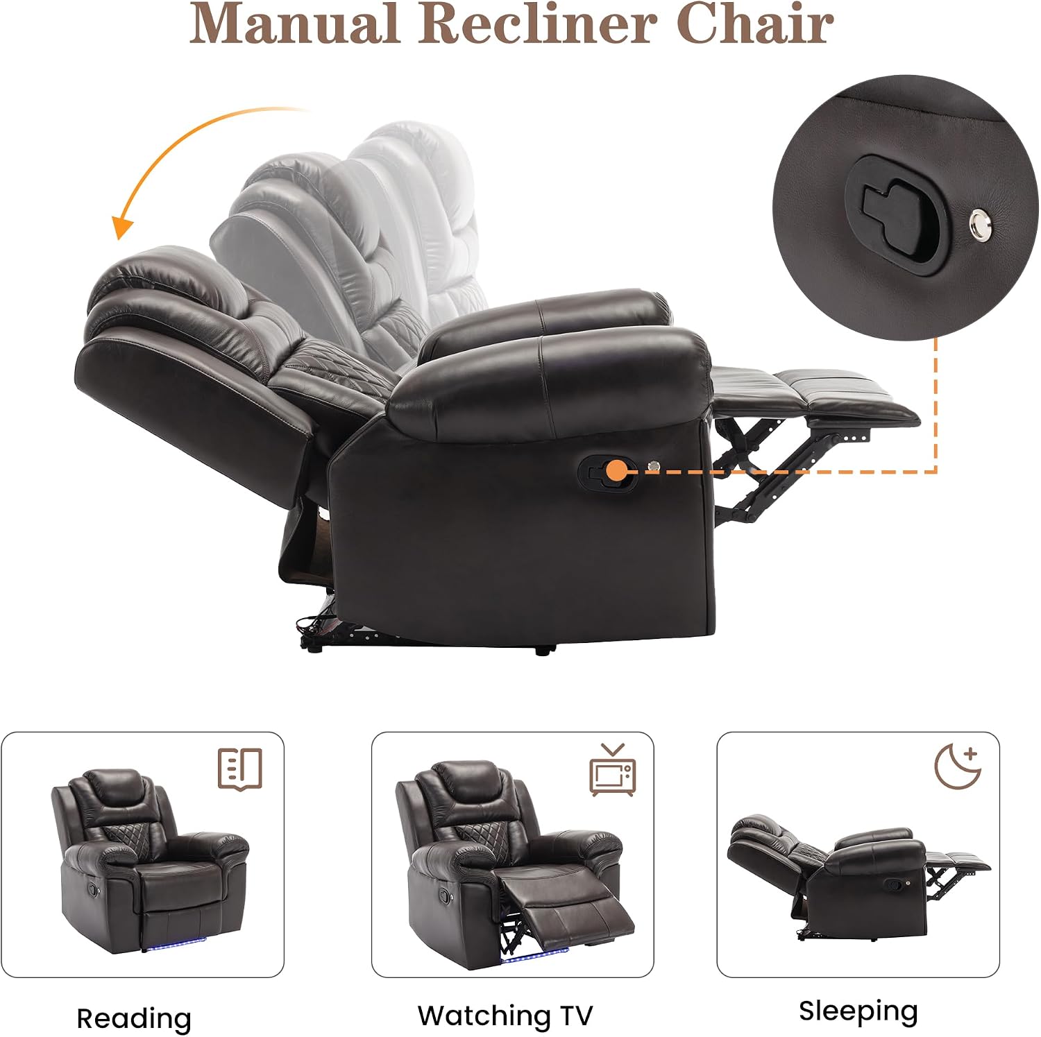ERYE Manual Recliner Chair with LED Light Strip for Living Room, Bedroom, Manual Reclining Home Theater Seating Armchair, Faux Leather Tufted