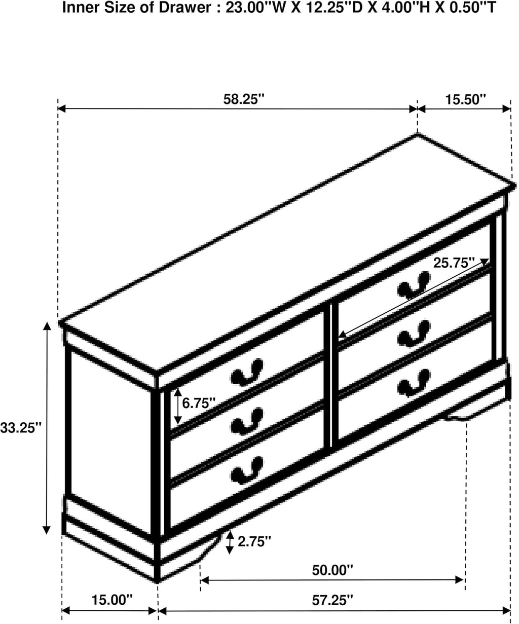 Coaster Home Furnishings - Louis Philippe - Wood - 6-Drawer Dresser with Traditional Style, Molded Trim, Bracket Feet, Center Metal Glides - Bedroom - White - 202443