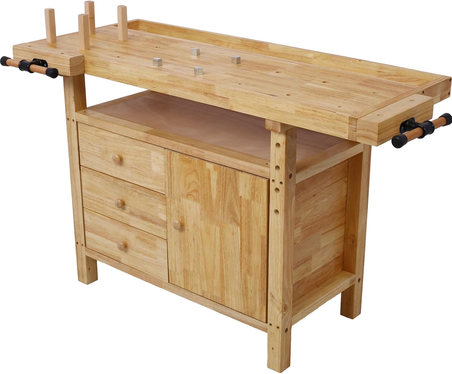 Tidyard Wood Workbench, Heavy-Duty Rubberwood Work Table with Bar Clamps Set 12 inch and 24 inch, Four Metal Pillars and Storage Drawers for Garage Workshop Home DIY Projects