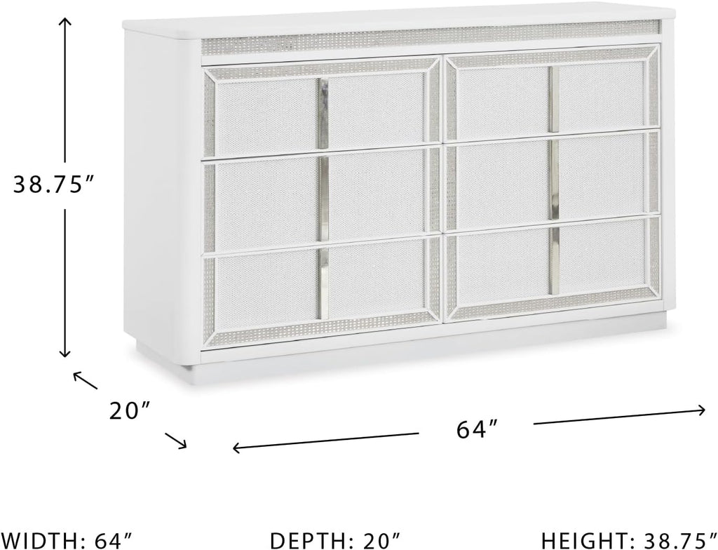 Signature Design by Ashley Chalanna Contemporary Dresser with 6 Drawers, Built-in LED Lighting, Rhinestone Details, Wood, White, 64' W x 20' D x 38.75' H