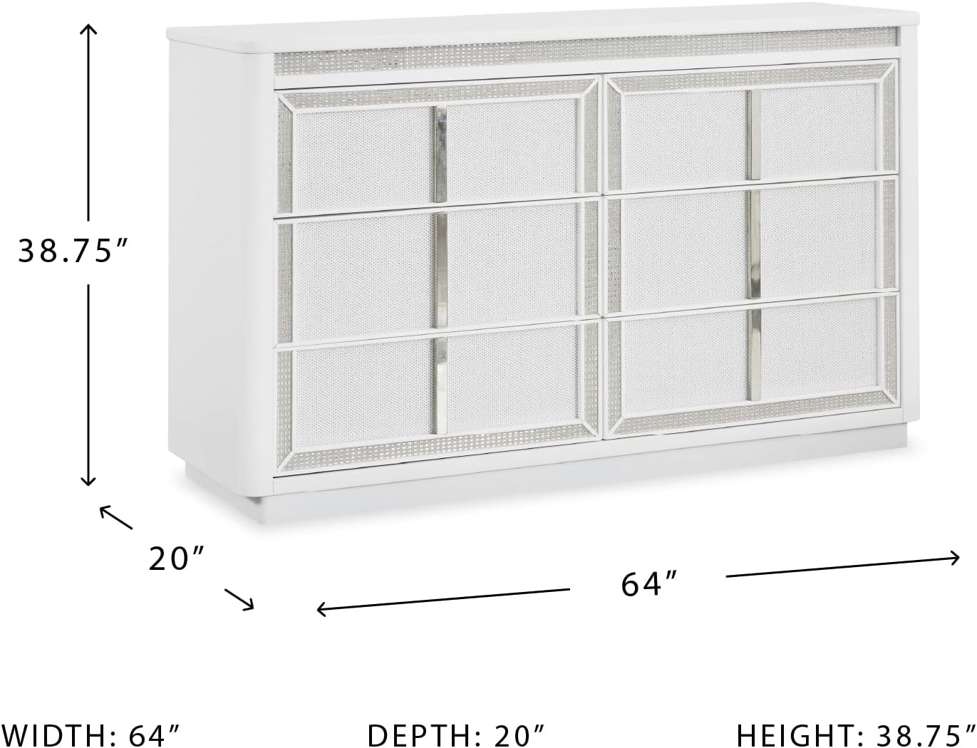 Signature Design by Ashley Chalanna Contemporary Dresser with 6 Drawers, Built-in LED Lighting, Rhinestone Details, Wood, White, 64' W x 20' D x 38.75' H