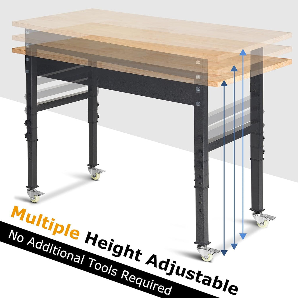 48' Adjustable Work Bench, Rubber Wood Top Workbench Heavy-Duty Work Table with Wheels, 2000 LBS Load Capacity Hardwood Work Benches for Garage, Workshop, Home, Office, Easy Assembly
