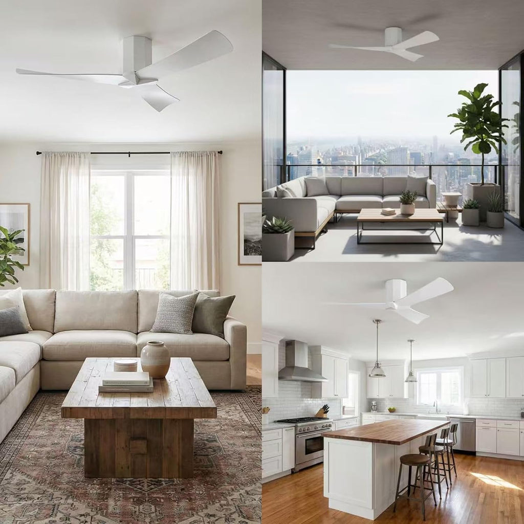 WINGBO 52' Ceiling Fan no Light - Gloss White DC Flush Mount Ceiling Fan, 3 ABS Plastic Curved Blades, 6 Speed Reversible DC Motor, Hugger Ceiling Fans No Light for Kitchen, Bedroom, Living Room