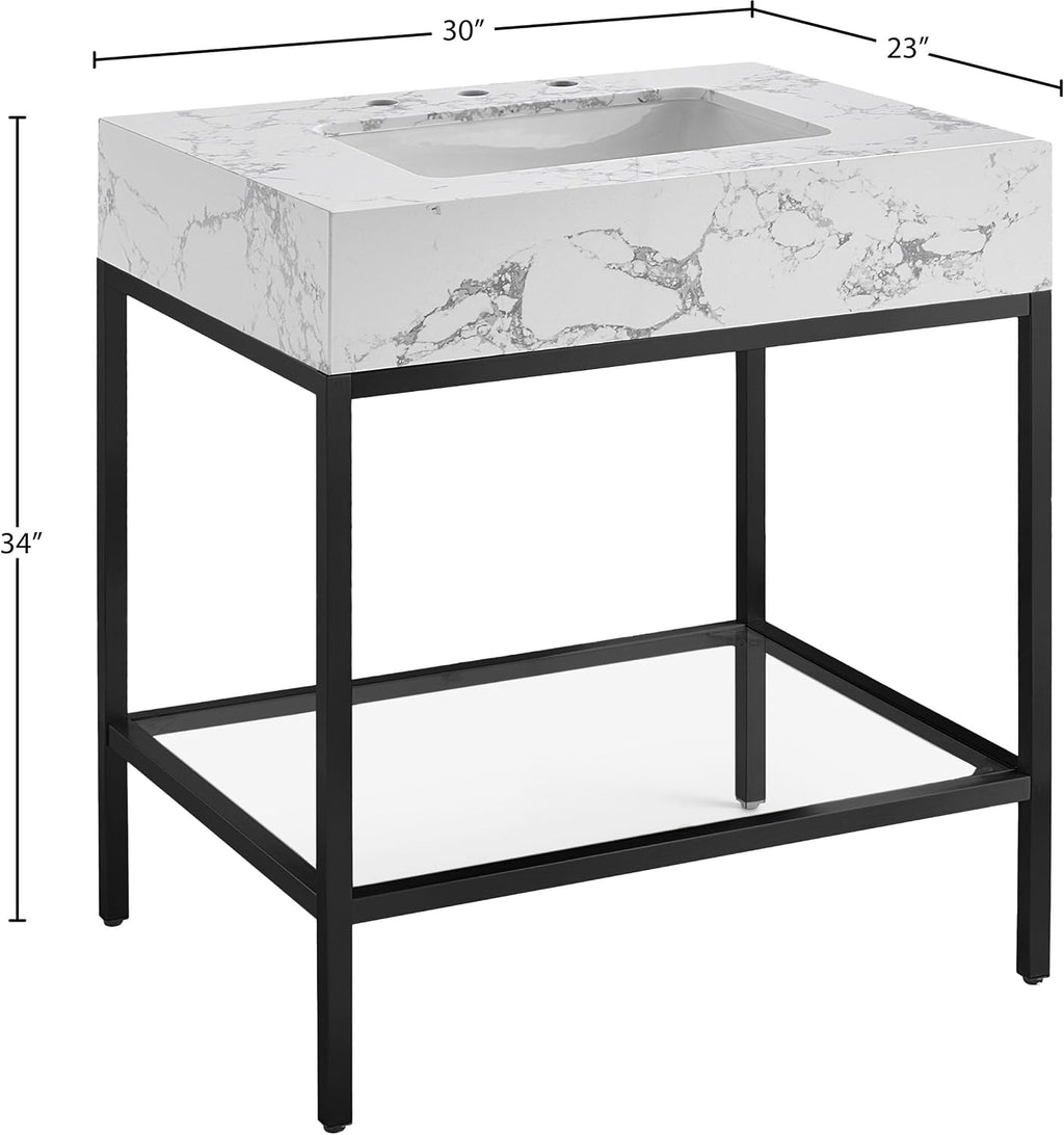 Meridian Furniture 407White-30 Marmo Collection Modern | Contemporary Bathroom Vanity with White Engineered Stone with Grey Veining, Matte Black Metal Base, 30' W x 23' D x 34' H, Black