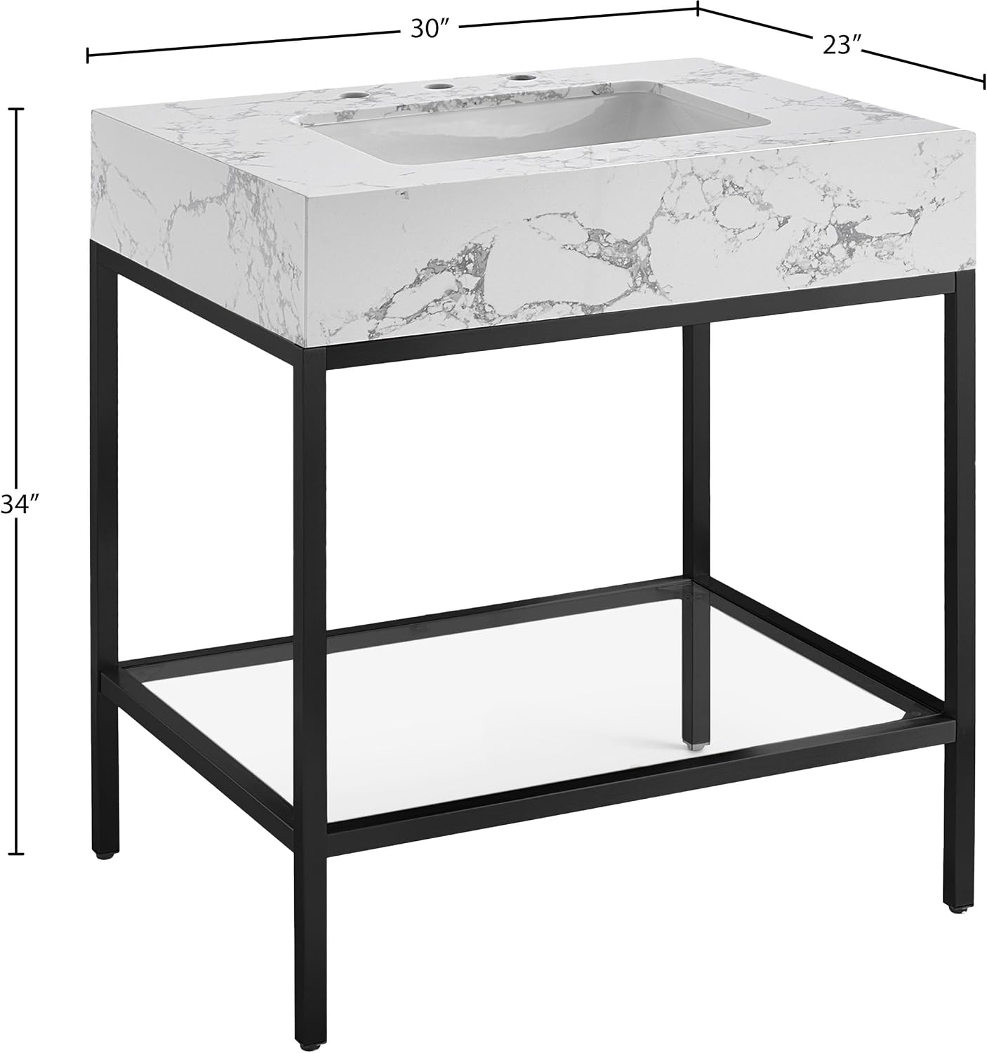 Meridian Furniture 407White-30 Marmo Collection Modern | Contemporary Bathroom Vanity with White Engineered Stone with Grey Veining, Matte Black Metal Base, 30' W x 23' D x 34' H, Black