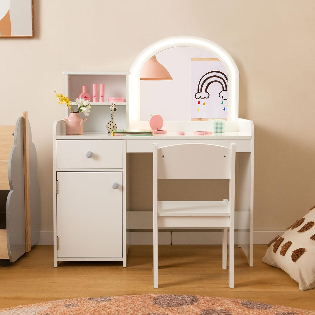 INFANS Kids Vanity, Princess Makeup Desk and Chair Set with Lights Mirror Drawer Storage Shelves, Wooden Dressing Table, Pretend Play Vanity Set for Girls