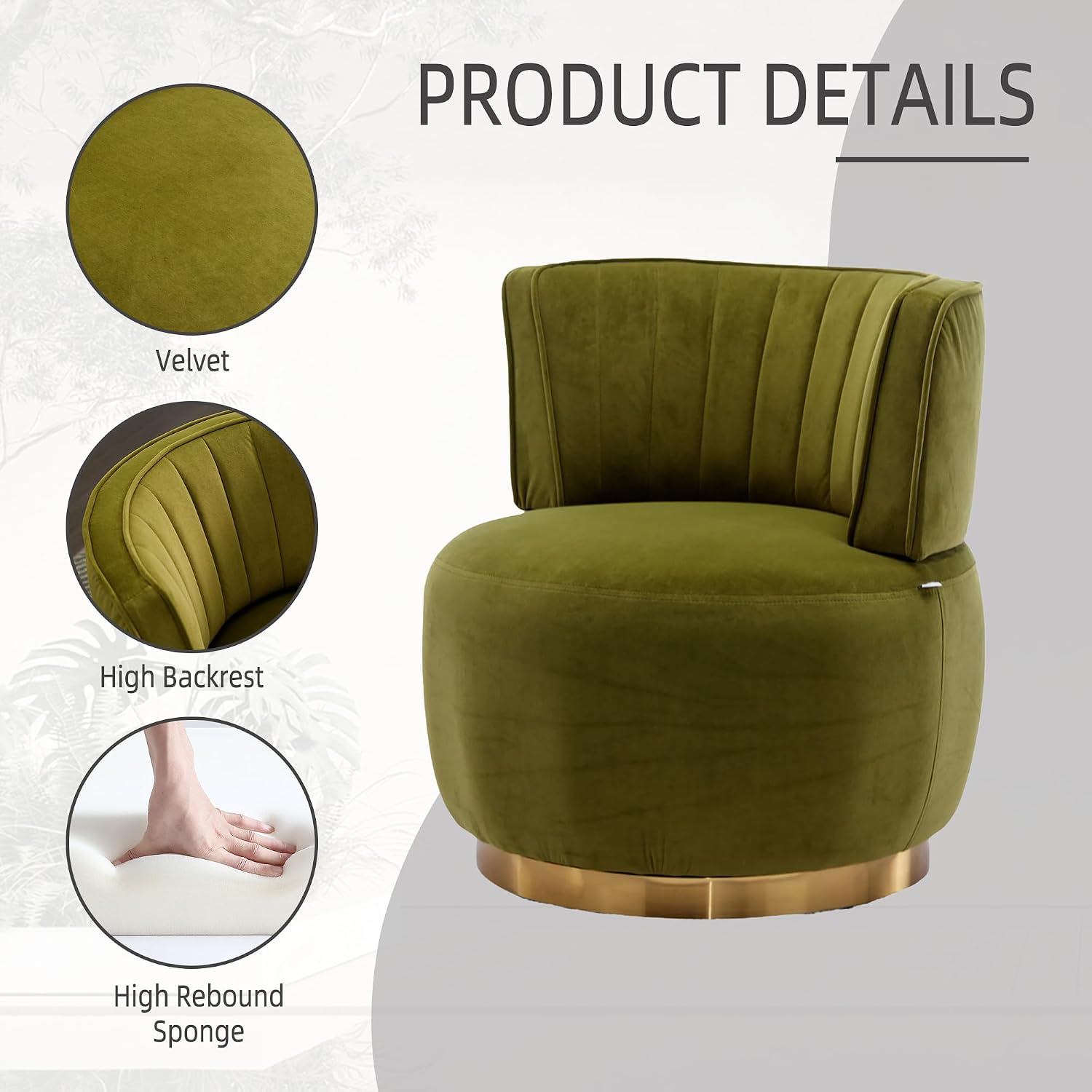 KEIKI Swivel Barrel Accent Chair, 360 Degree Rotating Upholstered Armchair with Velvet Fabric for Living Room, Office, Bedroom, Olive