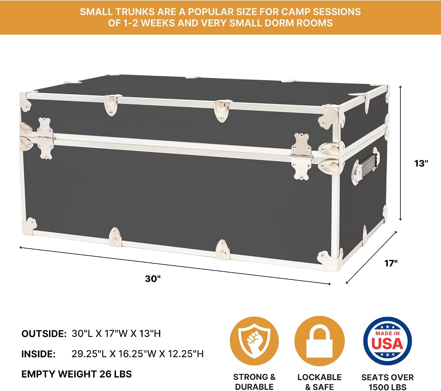 Rhino Trunk & Case Classic Camp & College Trunk with Wheels. 30'x17'x13', 1500+ lbs Capacity - Many Colors, Soft-Close Lid. Strong, USA Made Summer Camp Footlocker and Secure Dorm Storage Chest
