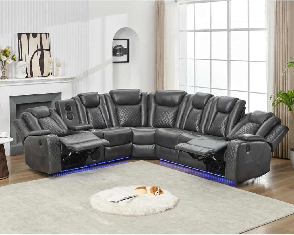 KEIKI L-Shaped Oversized Technical Leather Sectional Power Reclining Sofa with Extendable Footrest and Cup Holder, Electric Control 5-Seater Couch with USB, for Home Theater, Living Room, Grey