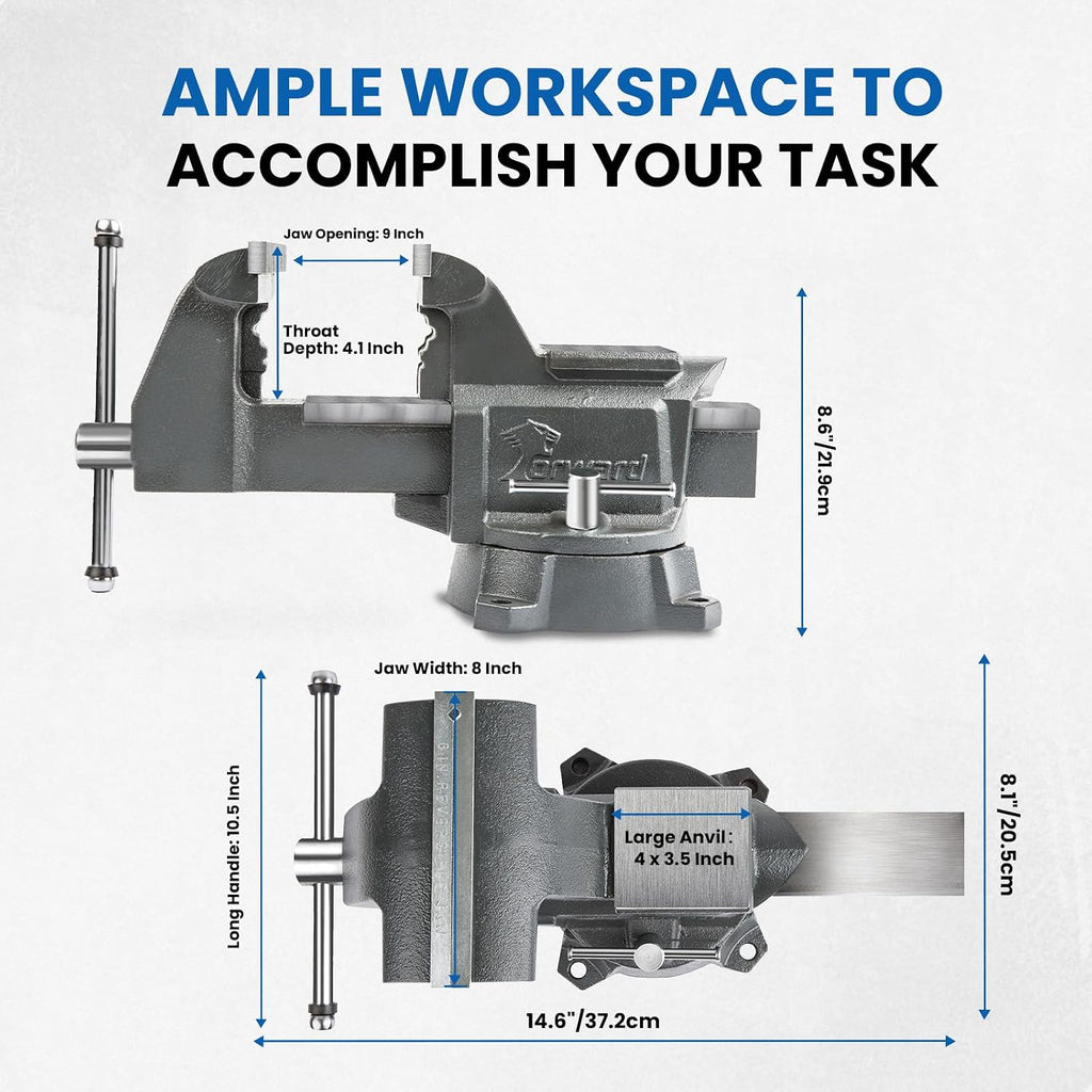 Forward CR80A 8 Inch Bench Vise Heavy Duty Vice with Anvil and 190 Degrees Swivel Base (8')