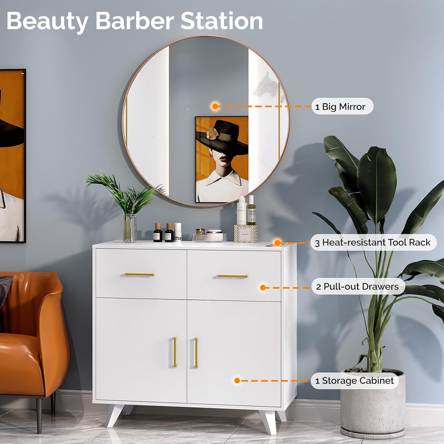 OmySalon Wall Mount Salon Station, Barber & Hair Stylist Station with Round Mirror, Hair Dryer Holders, Storage Cabinet & Adjustable Shelf, Beauty Spa Dresser, White