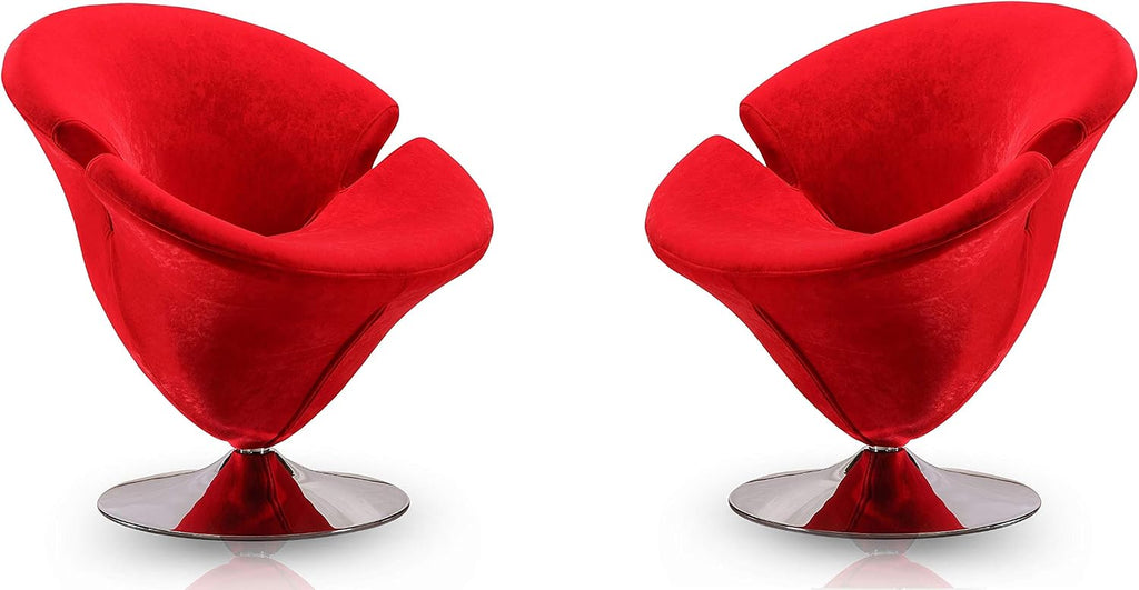 Manhattan Comfort Tulip Swivel Accent Chair with 360° Turn, Modern Flower Inspired Design, Soft Velvet Upholstery, Polished Chrome Base, No Assembly Required, 300 Lbs Capacity, Red
