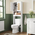 Over The Toilet Storage Cabinet with Rattan Doors, Boho Farmhouse Bathroom Organizer Over Toilet, 5-Level Adjustable Bottom Bar Fits Water Valve, 3 Adjustable Inner Shelves, White, 24'x70'