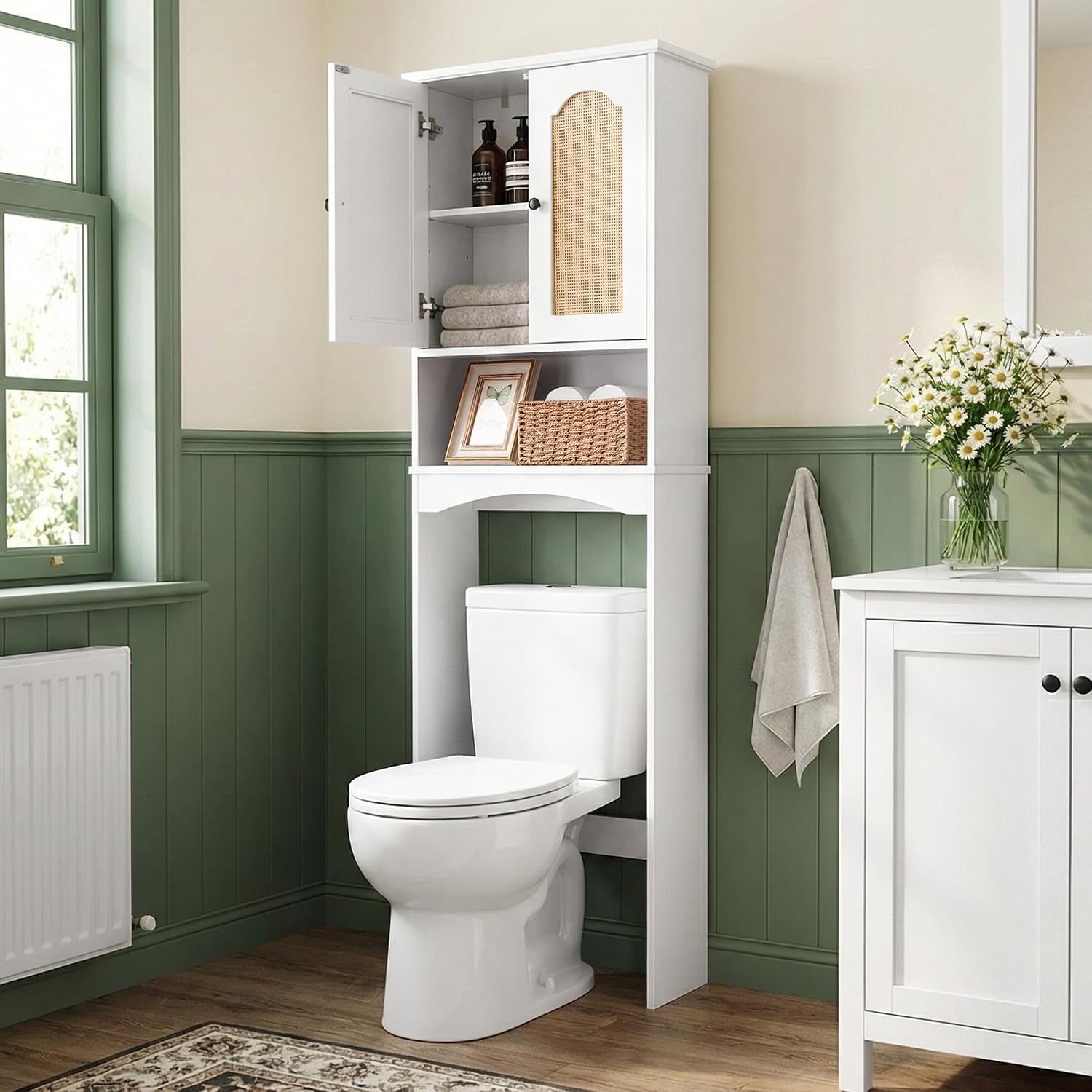 Over The Toilet Storage Cabinet with Rattan Doors, Boho Farmhouse Bathroom Organizer Over Toilet, 5-Level Adjustable Bottom Bar Fits Water Valve, 3 Adjustable Inner Shelves, White, 24'x70'