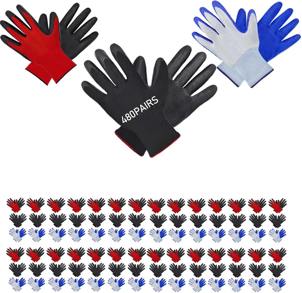 YOUKE OLA 480 Pair Gardening Gloves for Men Women, Breathable Rubber Coated Garden Gloves Working Gloves for Gardening, Construction (Black, Red, Blue)