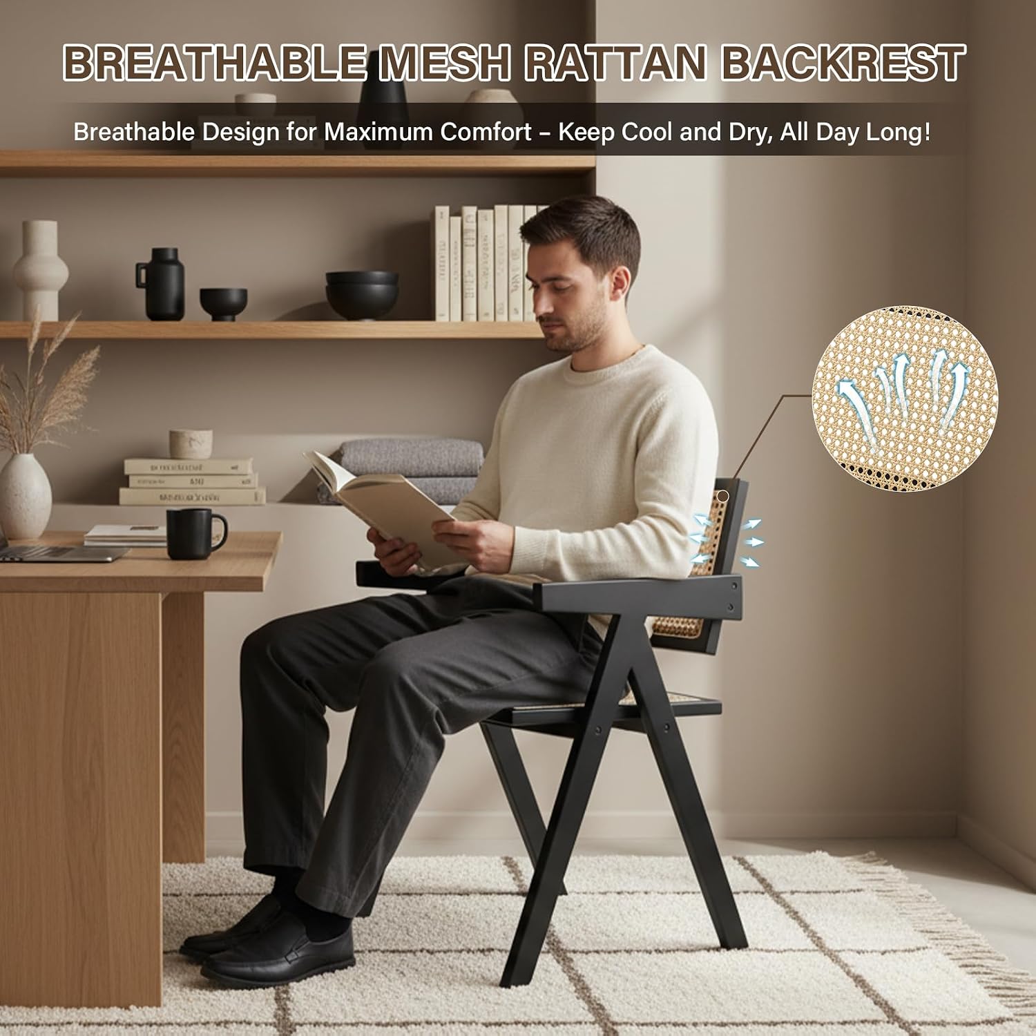 Furlide Rattan Dining Chairs Set of 2, Modern Mid Century Dining Chairs with Arms, Outdoor Bamboo Chairs for Bedroom, Living Room, Reading Room, Black