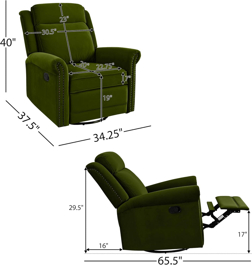 Christopher Knight Home 360° Swivel Recliner, Velvet Rocking Recliner Upholstered Recliner Chair, Rocker with Adjustable Backrest Nailhead Trims, Green