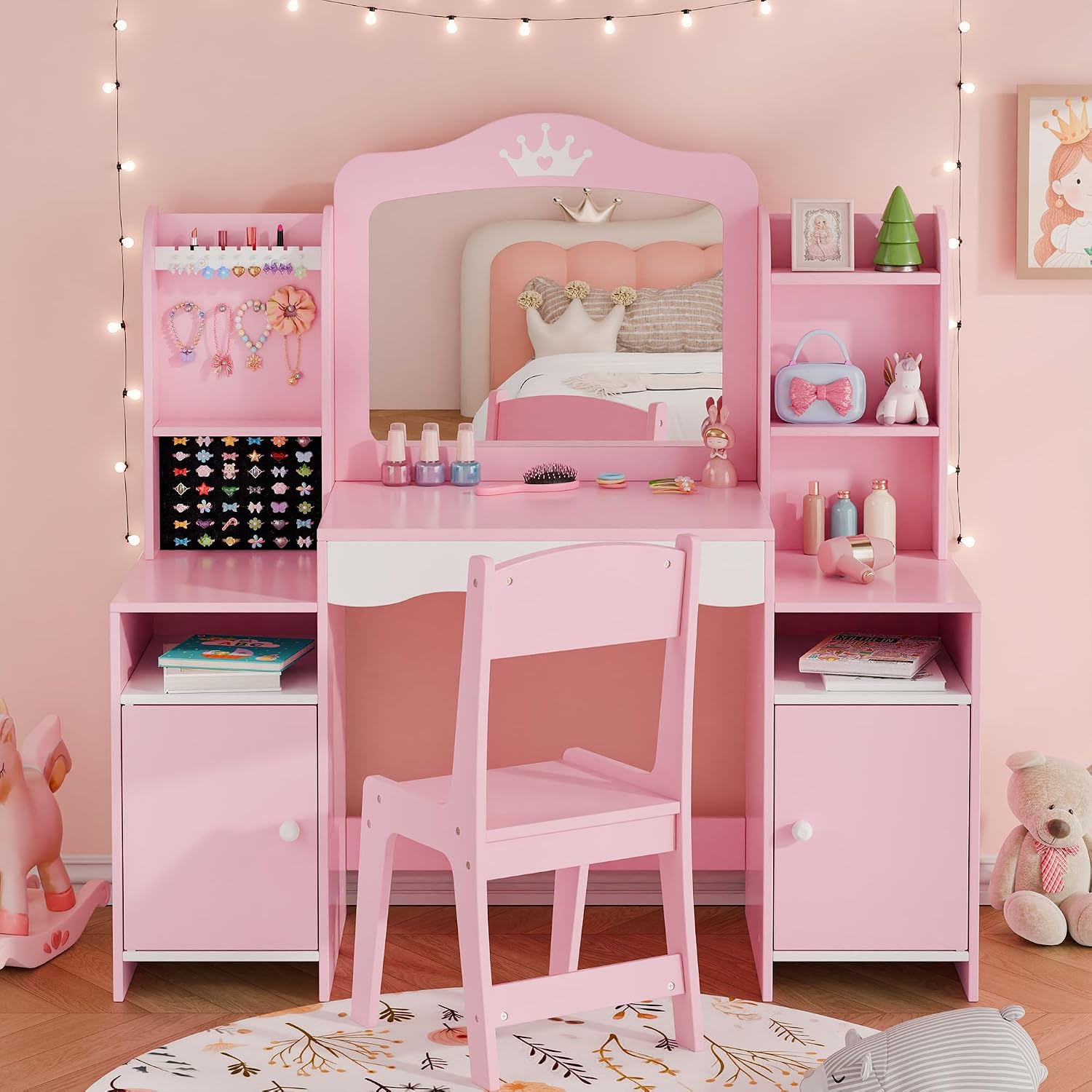 MU Kids Vanity, Girl Vanity Set with Mirror and Stool, 2 in 1 Toddler Makeup Vanity Table with Jewelry Storage, Wooden Princess Makeup Desk Dressing Table for Little Girls, (Pink)